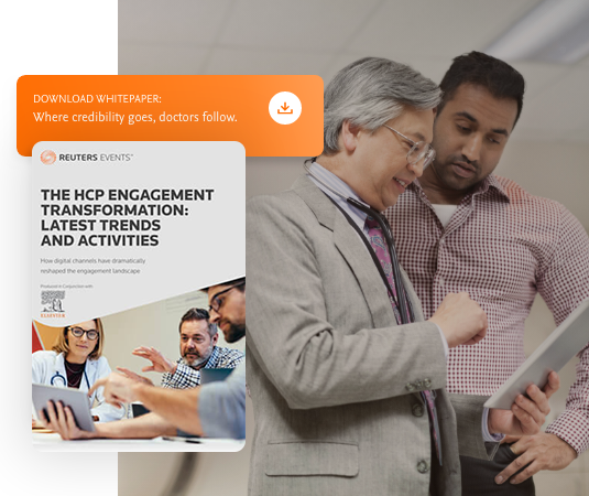 Men reading the HCP Engagement Transformation whitepaper discussing pharmaceutical advertising trends