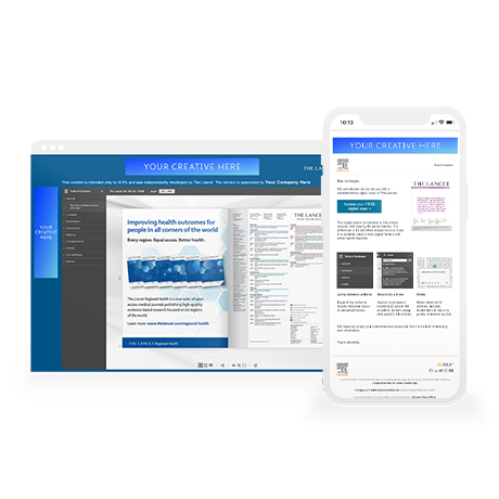 An ad banner mockup placed on full-color digital issues of Elsevier journals.