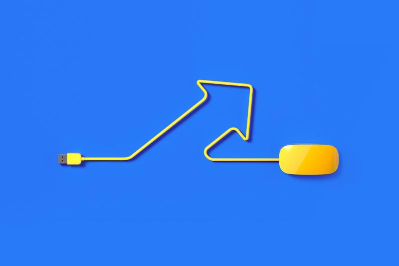 A mouse cord shaped like an arrow pointing upwards, symbolising click-through rates increasing for pharma marketers